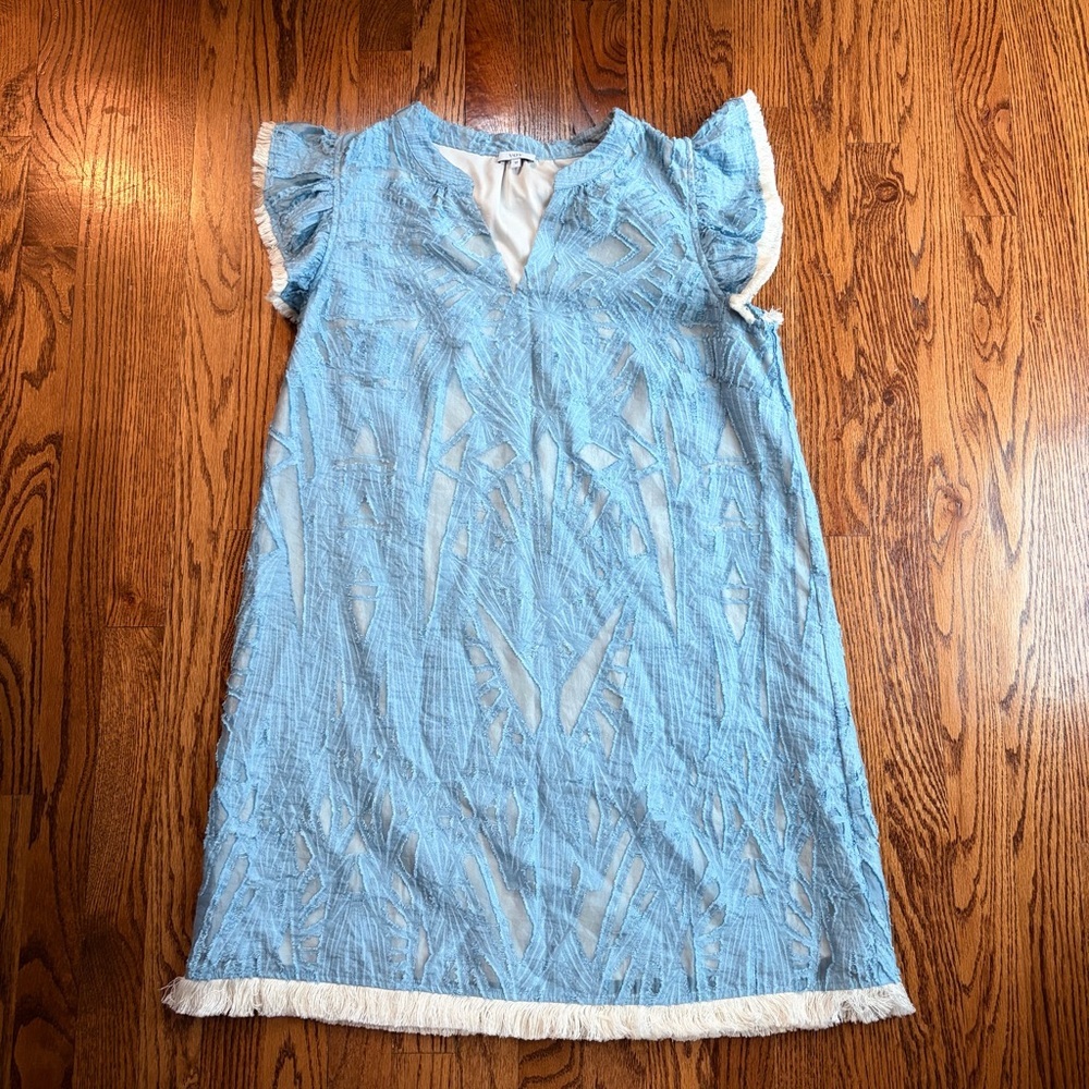 VOY Blue V-Neck Ruffle Sleeve Fringe Burnout Shift Dress Med Boho Cotton Linen - Picture 2 of 8